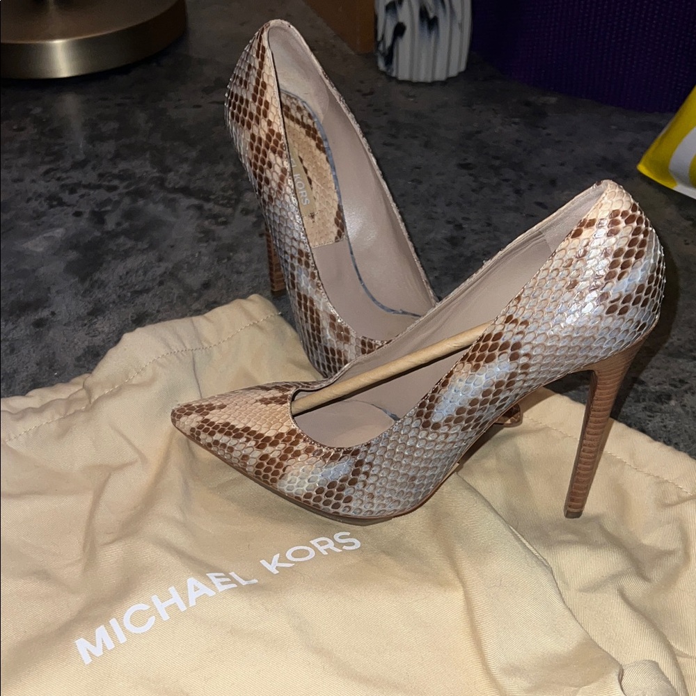 Michael Kors Collection Tan and Brown Snakeskin Heels